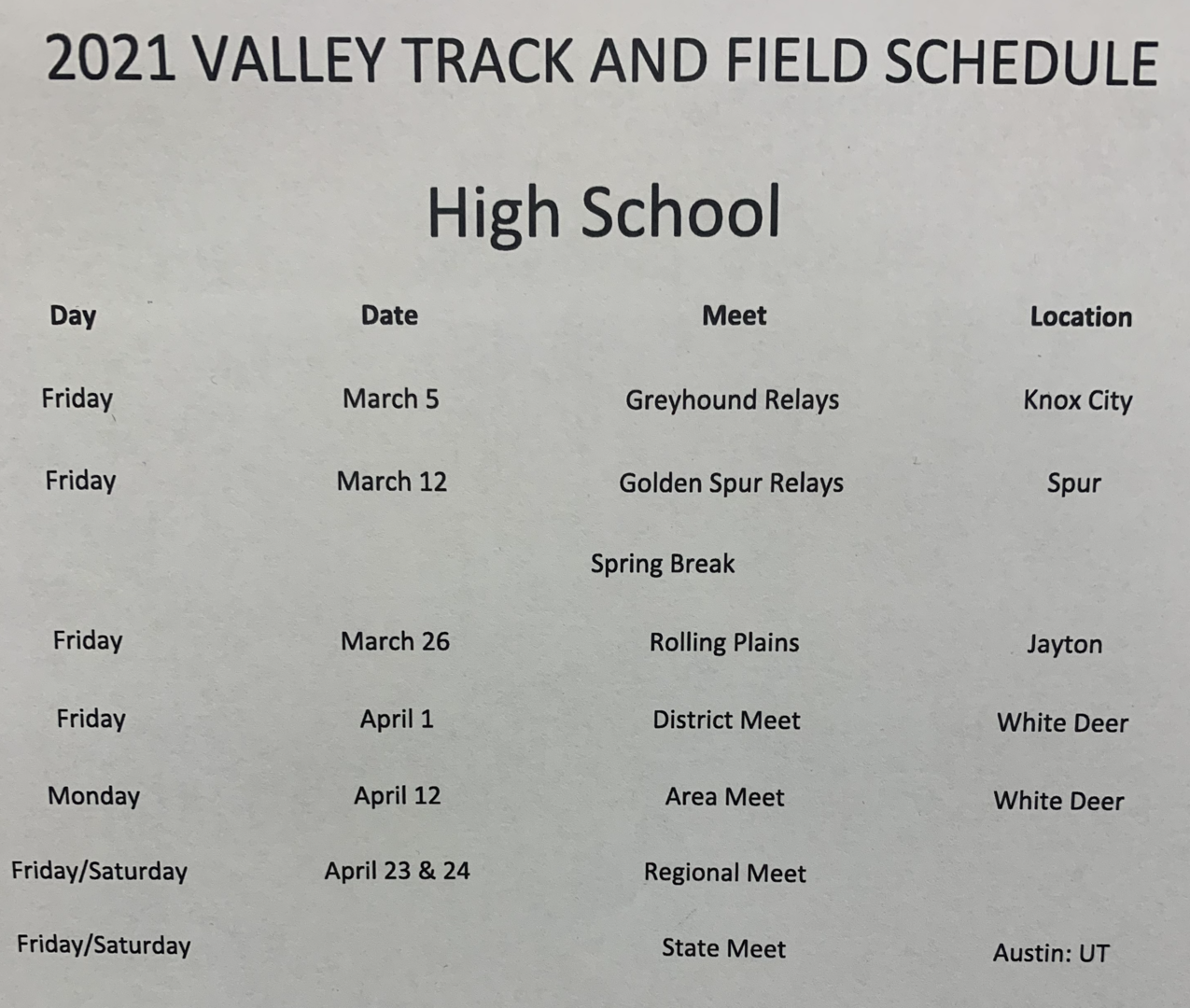 TurkeyQuitaque ISD 2021 High School Track Schedule